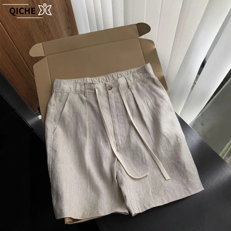 QICHE Men Tencel Linen 5 Inch Shorts Thin Loose Casual Cotton Blended Suit Short Pants Summer