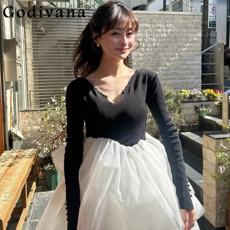 

Japanese Fashion Sweet Elegant V-neck Mesh Splice Long Fairy Dress Spring Autumn New 2025 Girs Women's Slim Fit Ball Gown Dress