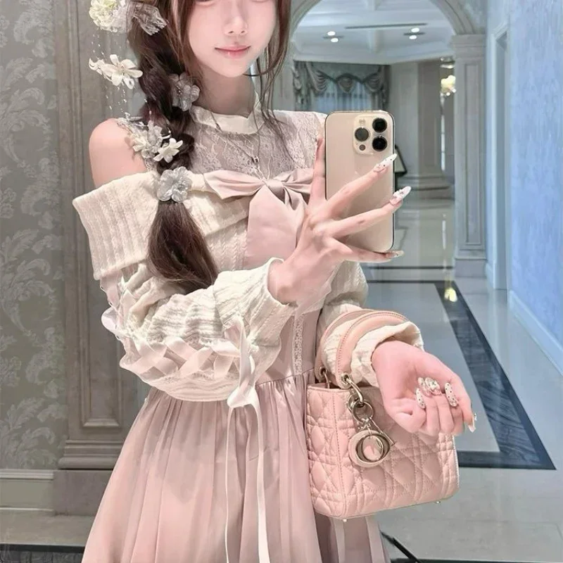 Kyoto Noble Girl Autumn and Winter Clothing Japanese Off Shoulder Bow Waist Slimming Long Dress Party Date Princess Dress