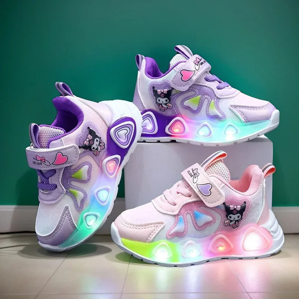 

2025 Sanrio New Kids Led Light Shoes Cute Catton Kuromi Sneakers Non-slip Casual Shoes Boys Girls Breathable Outdoor Sport Shoes