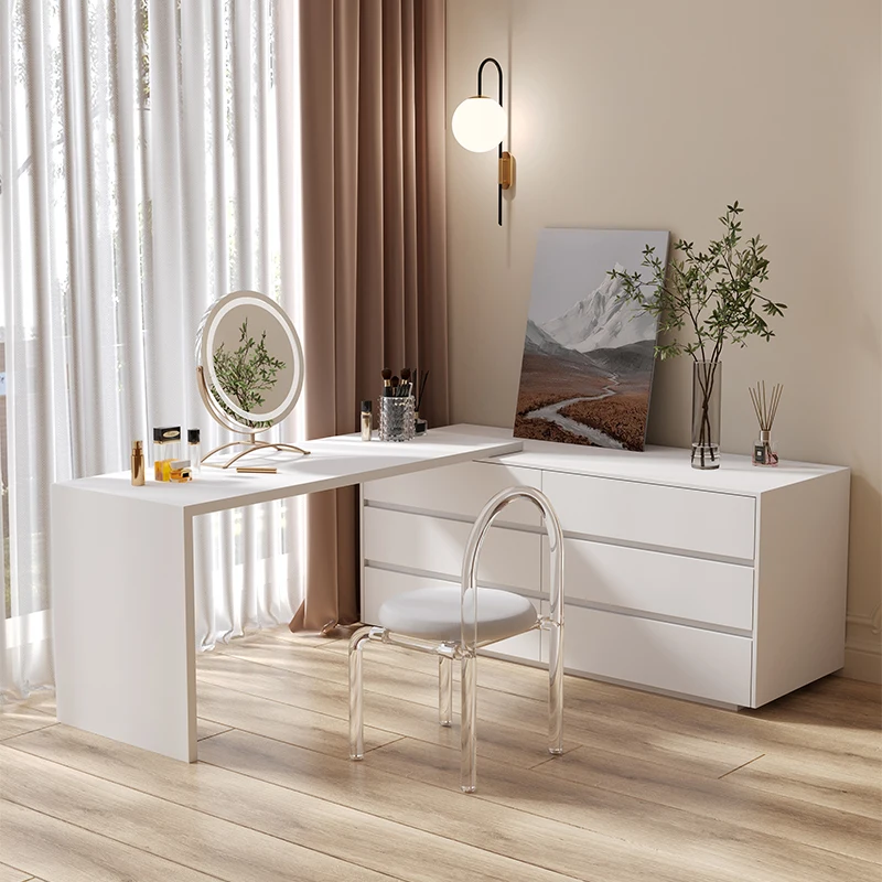 /Multi-purpose Flat L Shape Home Office Computer Desk Dressing Table Mirror Make up Table Wood Drawer Dresser Vanity Set
