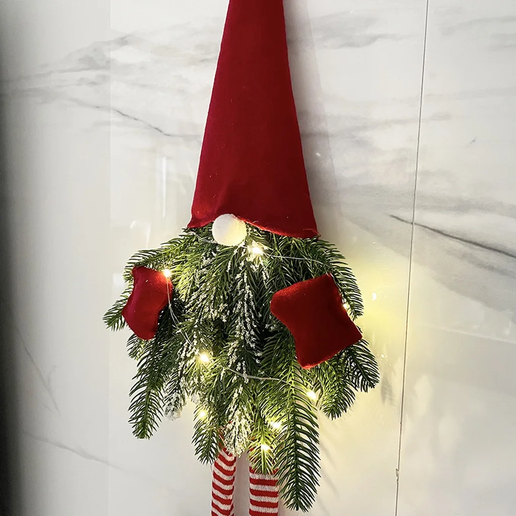 Faceless Gnome Christmas Hanging Ornament With Warm Led Lights Artificial Pine Needle Xmas Front Door Wall Decor For Home Decor