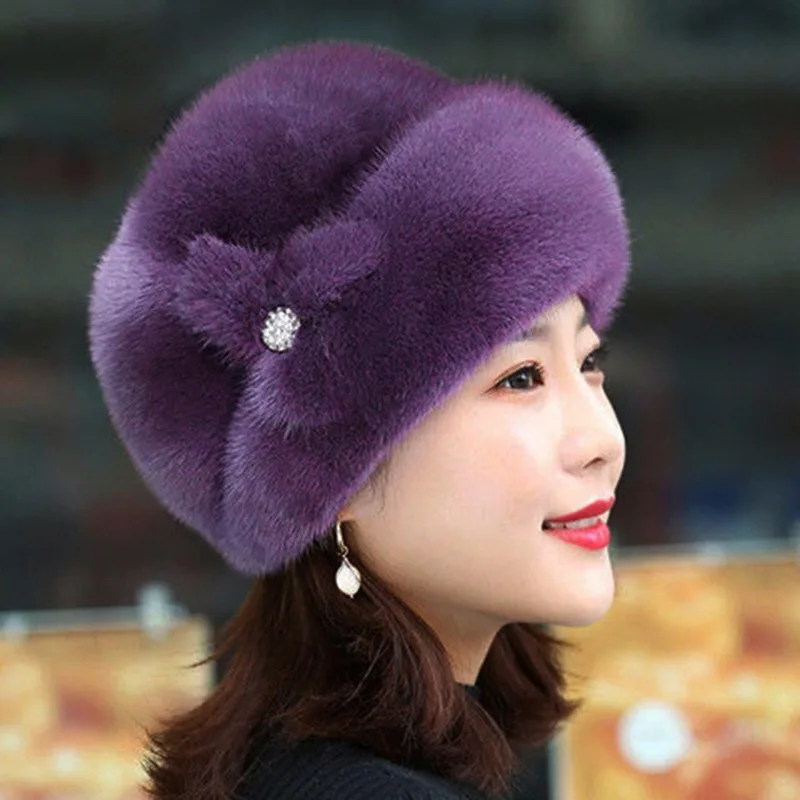 Winter Hat Russian Flower Decor Thickened Luxury Keep Warm Solid Color Autumn Winter Thermal Middle-aged Cap For Outdoor