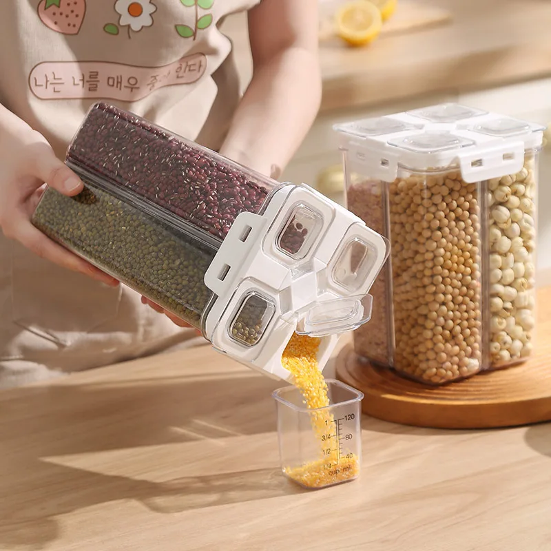 

Four Compartments Sealed Food Storage Box Grains Cereals Organizer Jar Transparent Plastic Pasta Container with Measuring Cup