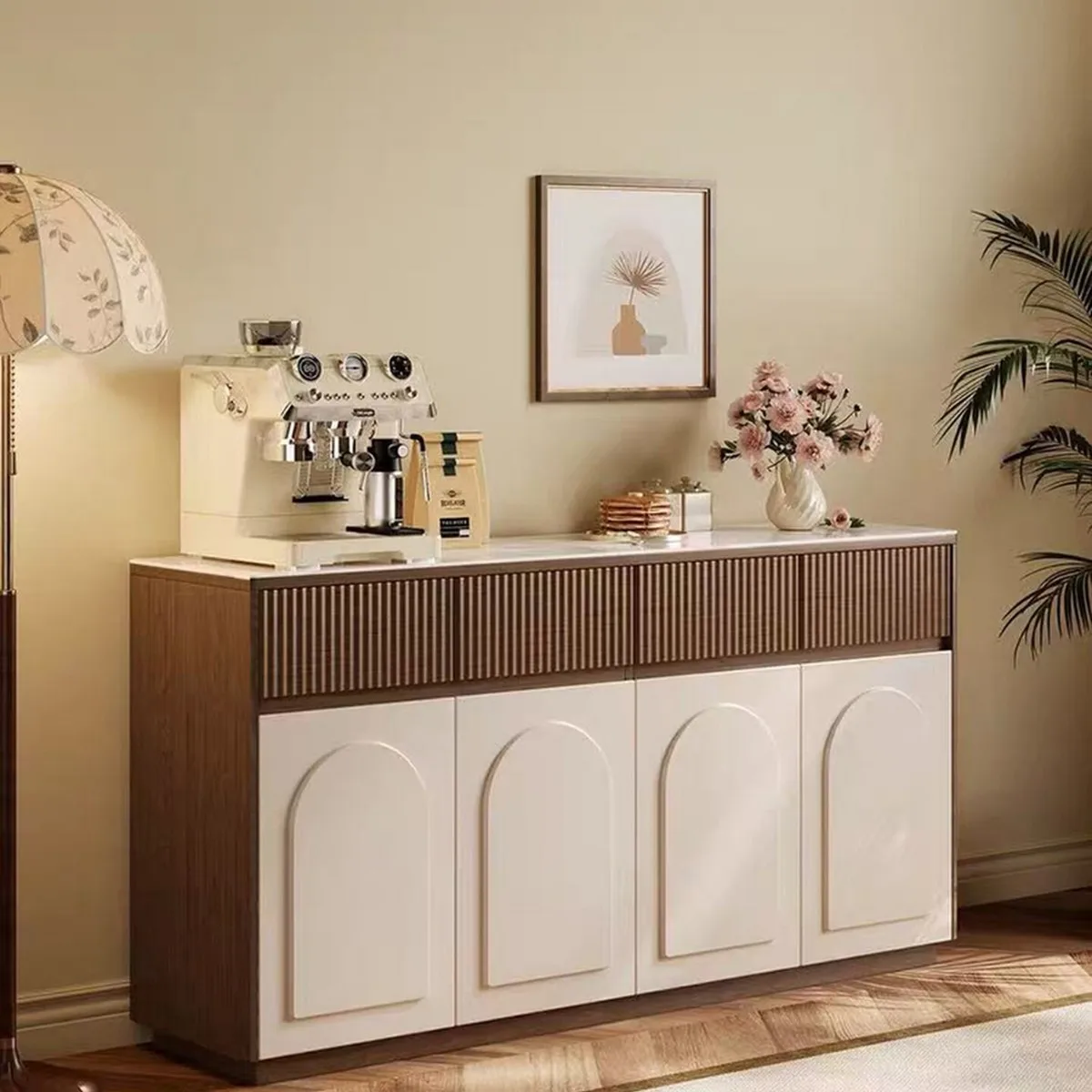 Solid wood medieval style dining side cabinet integrated against the wall Multifunctional locker Tea cabinet Rock slab shelf