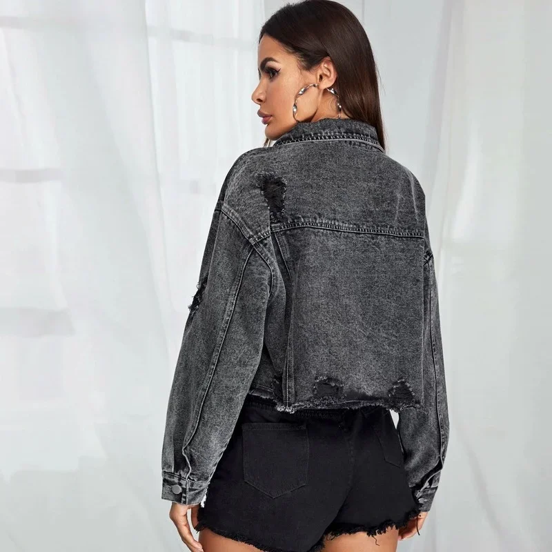 2023 Herbst neue lang ärmel ige trend ige Mode Grat Loch lässig einfache Revers Oberbekleidung Denim kurze Jacke Damen Jeans jacke