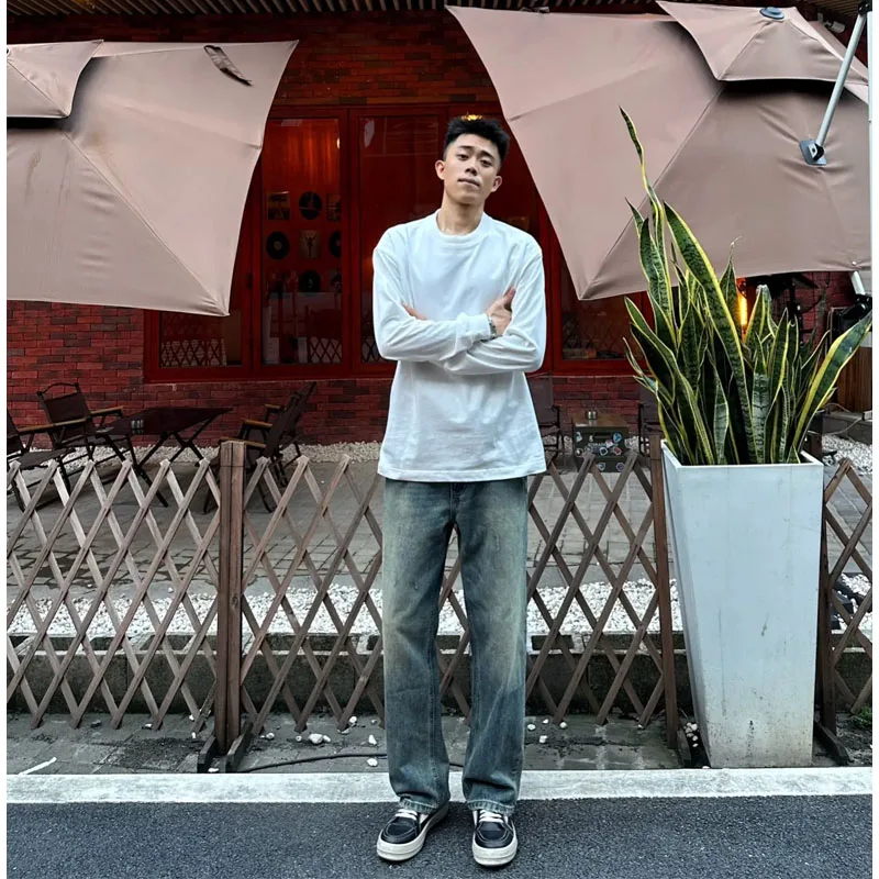 

Retro American Blue Straight Leg Men's Jeans Spring Autumn Style Washed Wide Leg Pants Drapey Trendy Casual Loose Fit Jeans