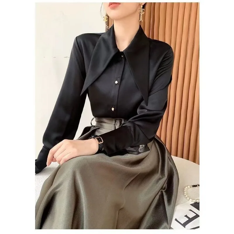 Qweek Effen Kantoor Minimalistische Elegante Shirts Luxe Chique Koreaanse Stijl Blouses Lange Mouw Knoop Dameskleding Herfst 2024