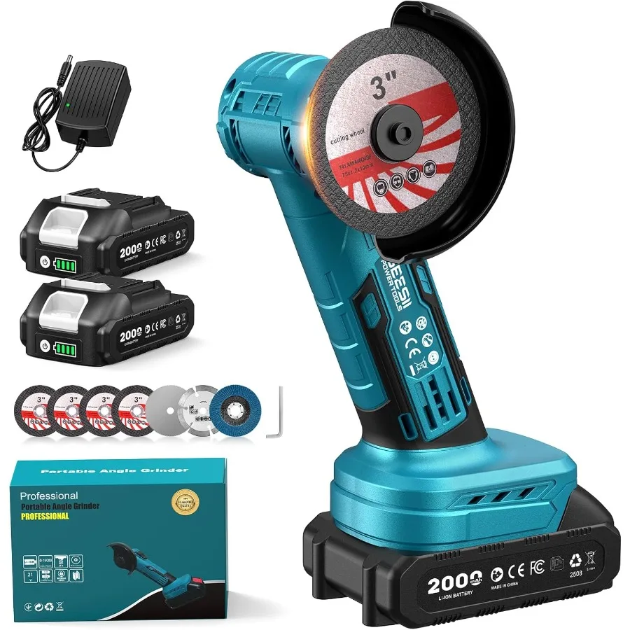 

Cordless Mini Angle Grinder: 3-Inch Brushless Angle Grinder 19000 RPM with 2pcs 21V 2.0Ah Batteries 7pcs Cutting Discs 2