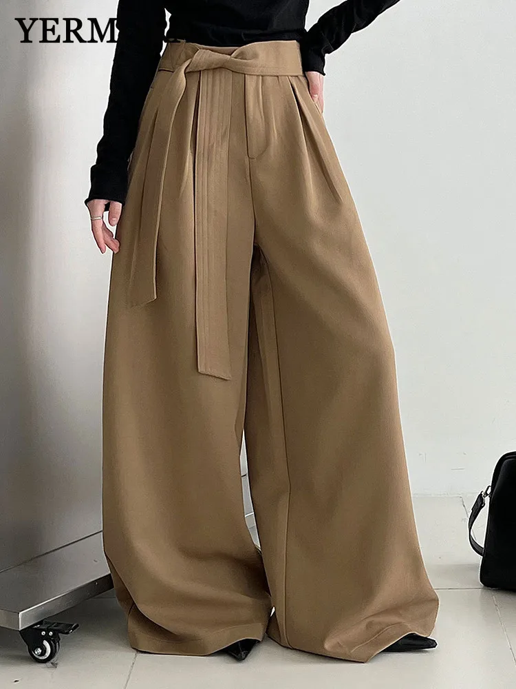 

YERMORA High Waist Khaki Bandage Brief Casual Wide Leg Pants For Women Loose New Trousers Fashion Tide Spring Autumn 2025