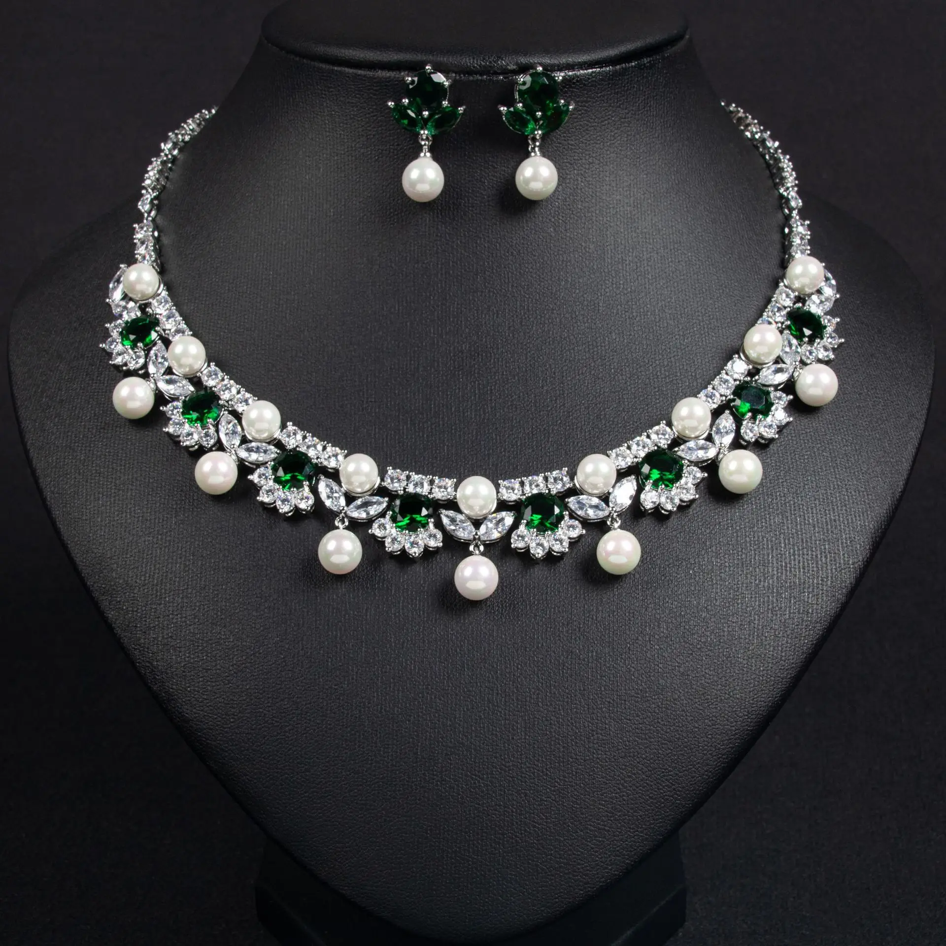 New luxury glamour dazzling pearl zirconia ladies jewellery necklace earrings set party wedding graduation dress gift M-361