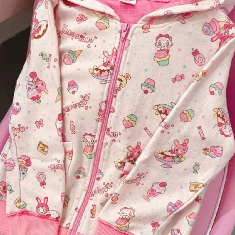 Bluzy z kapturem w stylu Harajuku, estetyka subkultury, japońskie kawaii, bluza z nadrukiem kreskówkowym, urocza codzienna kurtka, damska bluza rozpinana na zamek, słodka bluza