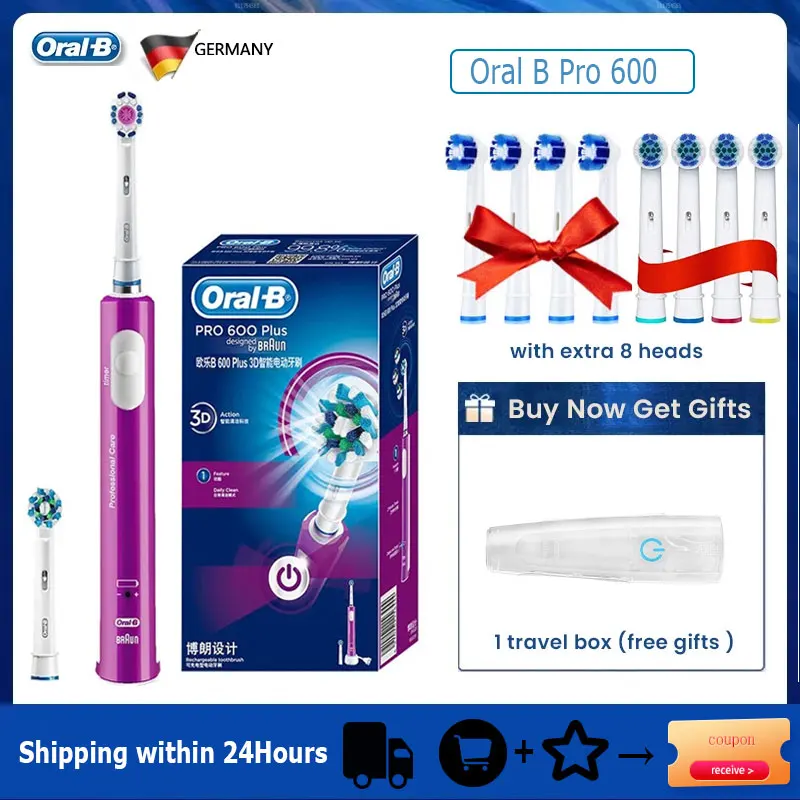 

Зубная щетка Oral B D16 звуковая электрическая, перезаряжаемая для отбеливания зубов и удаления зубного налета, с поворотным механизмом и перекрестным движением, Pro600 Plus