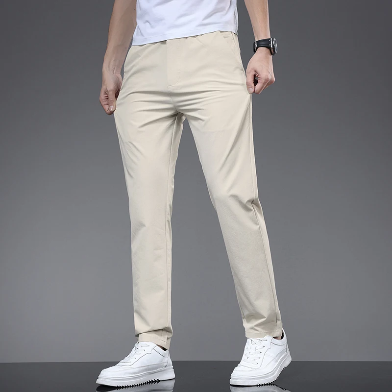 Spring Summer Thin Men\'s Slim Casual Pants Solid Color Elastic Waist Soft Breathable Business Straight Trousers Black Beige Gray