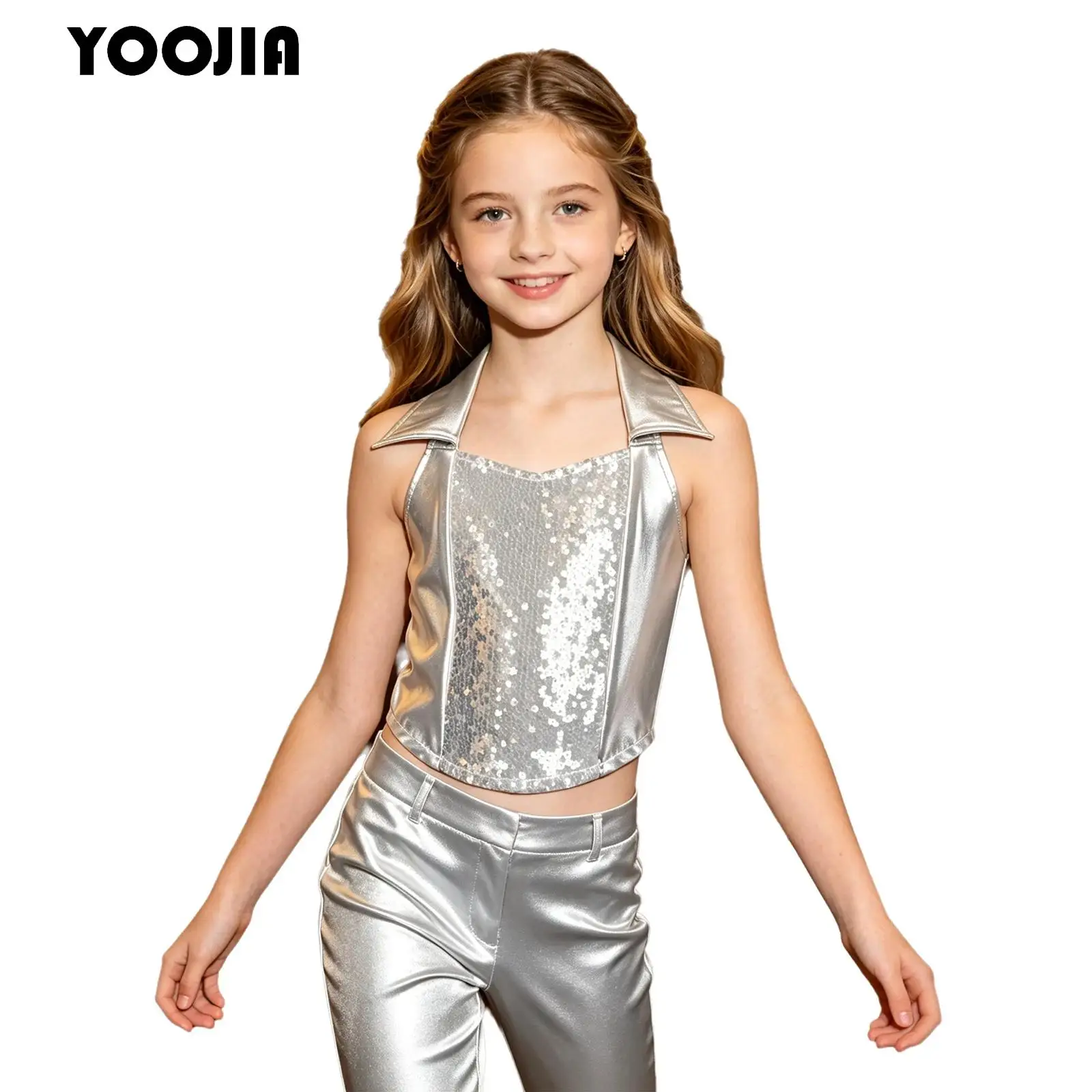 Kids Girls Sequin Hip Hop Tank Top Vest Sleeveless Backless Zipper Waistcoats Metallic Shiny Disco Jazz Dance Halter Crop Top
