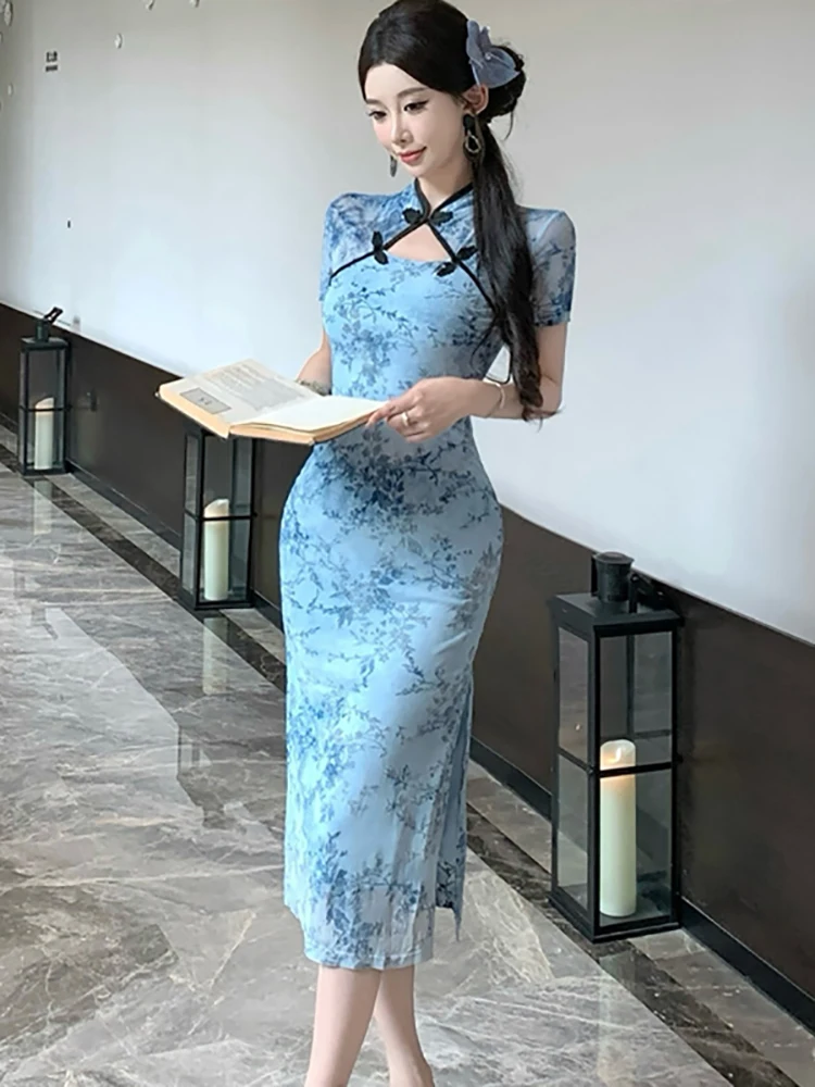 

Летнее синее длинное платье с коротким рукавом и воротником-стойкой, женское элегантное платье Cheongsam, корейское облегающее вечернее платье 2025 года