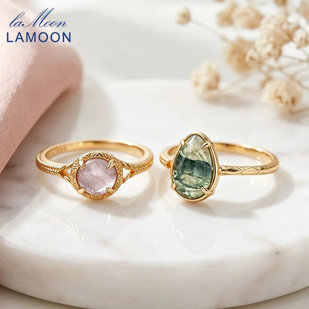 LAMOON Vintage Natural Amethyst Labradorite Gemstone Ring Carved Oval 925 Sterling Silver Gold Plated Women Fine Jewelry Trendy