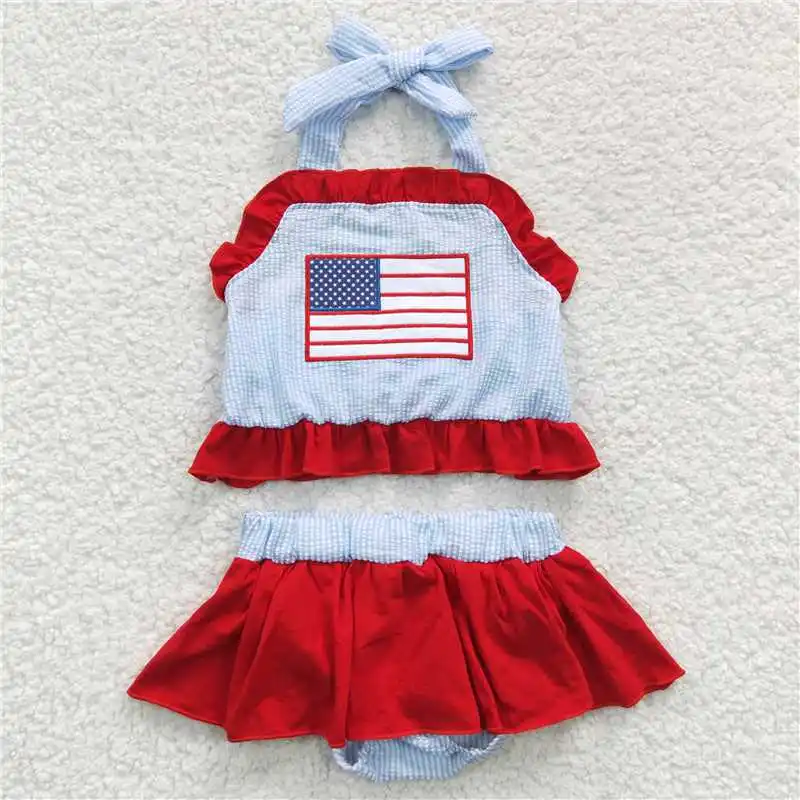 

Summer Wholesale 4th Of July Seersucker National Day Stars and Stripes Lace Match Swimsuit Baby Girls Boys Children Kid Swimwear