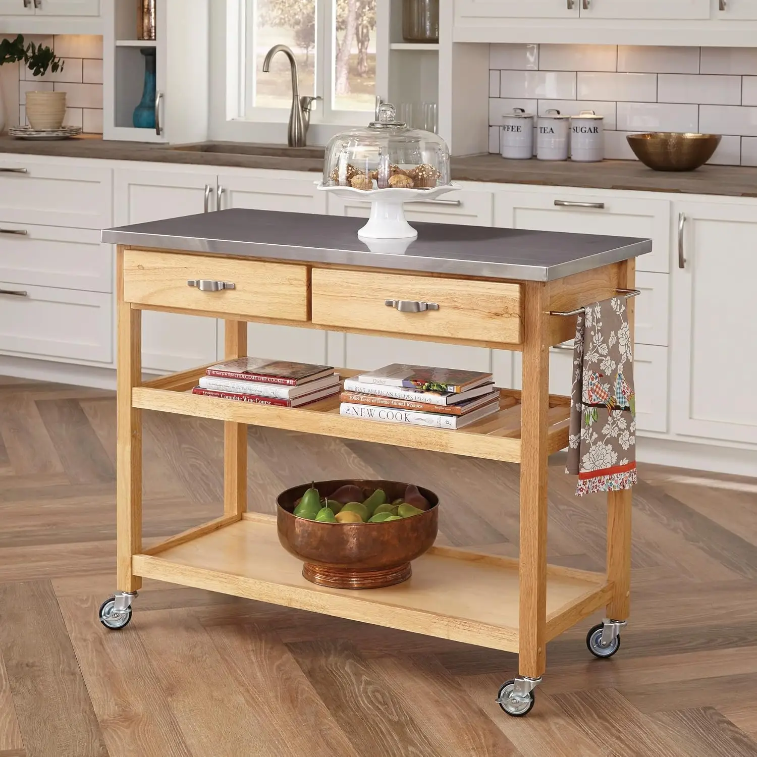 Home Natural Designer Utility Kitchen Cart with Stainless Steel Top, Two Utility Drawers, Adjustable Shelf and Industrial Caster