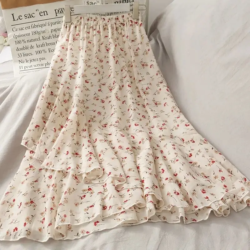 

Floral Irregular Long Skirt for Women with High Waist Slim Fit Loose Fitting Casual and Versatile Women's Chiffon Skirt for P879