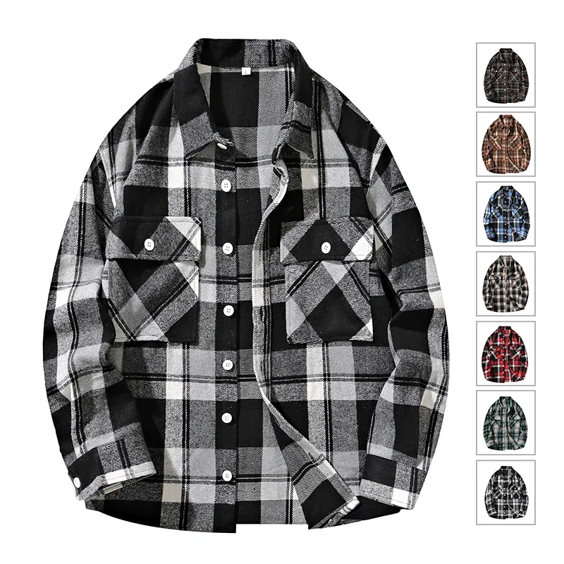 

Loose Fit Men's Shirt Long Sleeve Plaid Flannel Casual Blouse Male Sanded Soft Fashion Oversized Big Size Plus Large 8XL Spring
