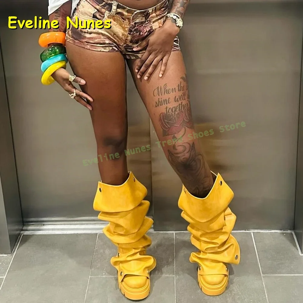 

Spicy Girl Knee High Boots Street Style Shoes Yellow Pleated Rivet Sleeve Boots Round Toe Chunky Heels Pull On Solid Fashion