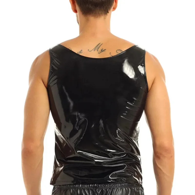 Plus Size Mens Shiny PVC Leather Vests Casual Nightclub Latex O-neck Tank Tops Glossy Male Wetlook Man Slim Sleeveless T-shirts