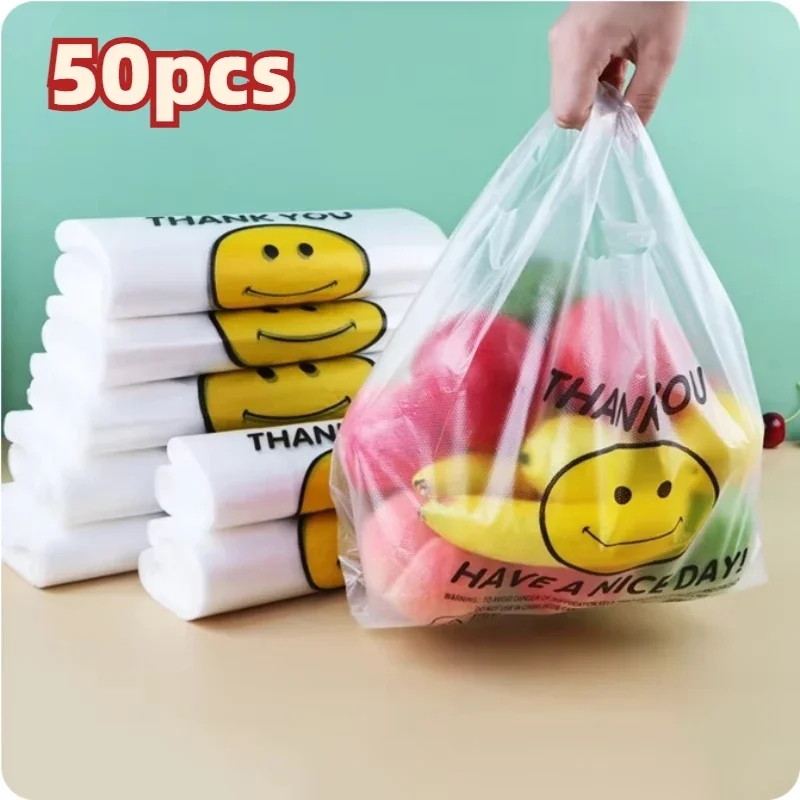 

50 Pcs Plastic Bag Carry Out Bags Retail Supermarket Grocery Shopping Handle Food Packaging Home Storage Kitchen Accessories