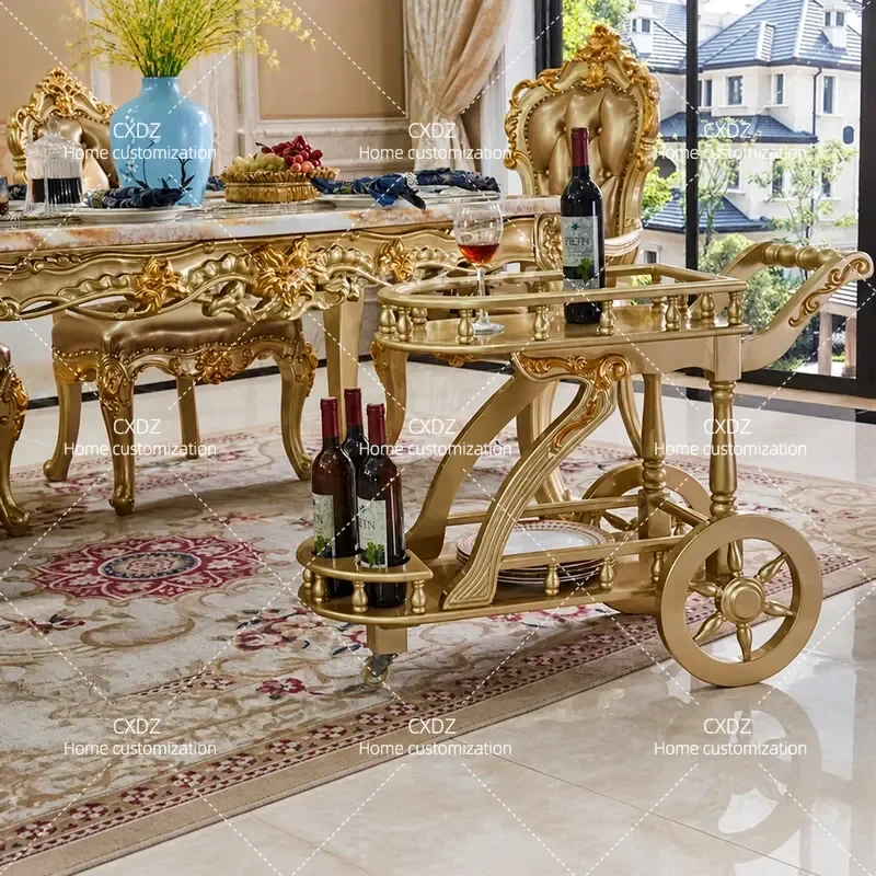 European Style Solid Wood Dining Cart Double Decker Wine Serving Trolley Mobile Tea Cart for Restaurant Hotel Home Commercial