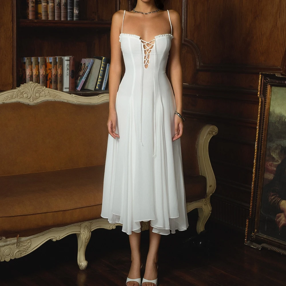 

Customized A-line Evening Dresses Tea-length Spaghetti Strap Sleeveless Prom Gown Simple Fashion Draped Ruched Casual Party Gown