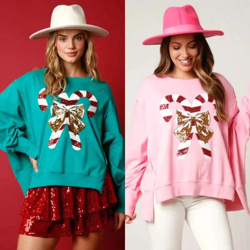 Christmas Candy Sequin Embroidery Top Women Autumn Winter European America Sequin Blue Pink Top Casual Loose Hoodie O-Neck Top