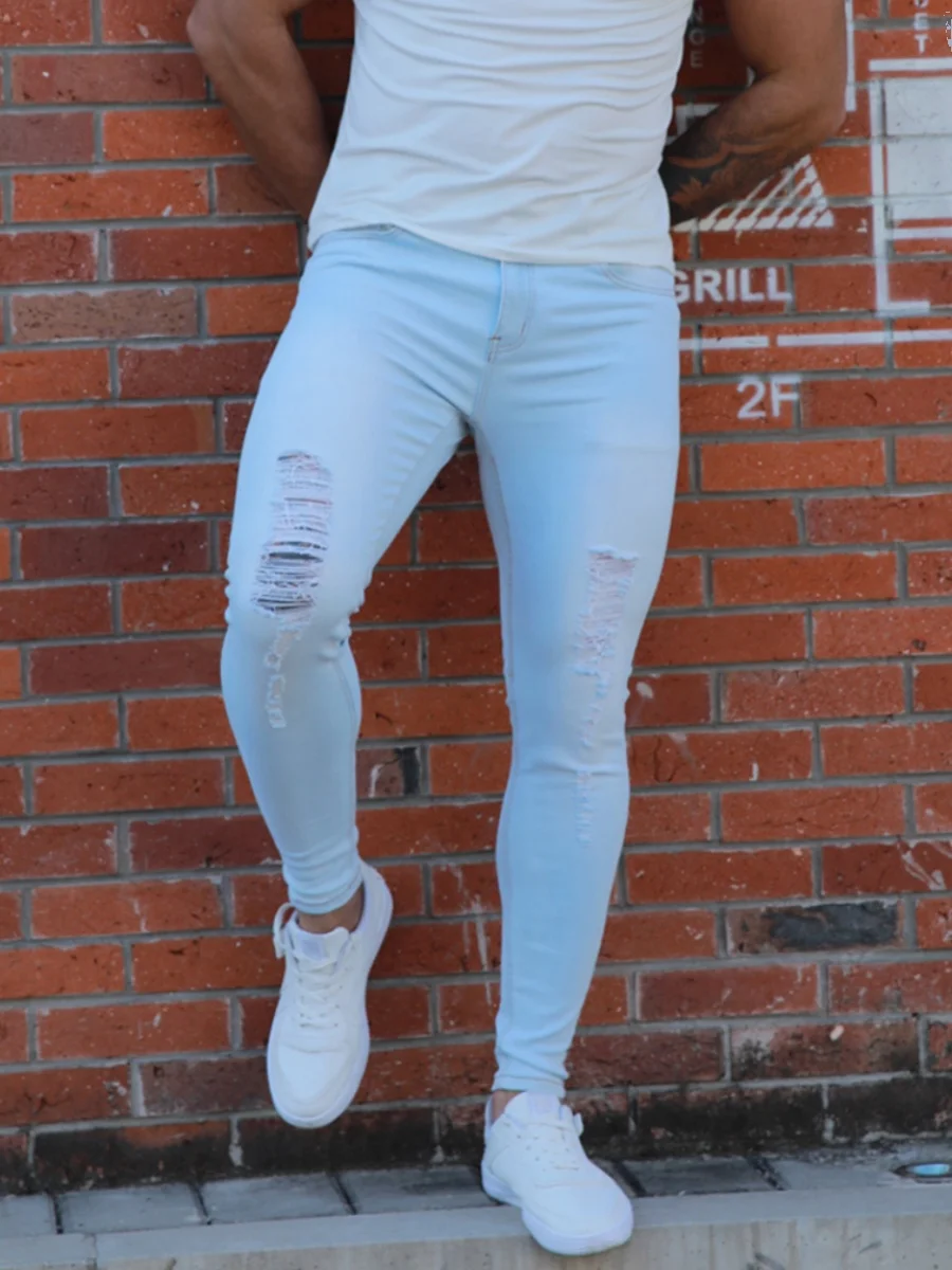 

Original High Street Men's Casual Slim Fit Jeans High Elastici Faded Blue Hole Punching Trendy Long Pants Youth Faion