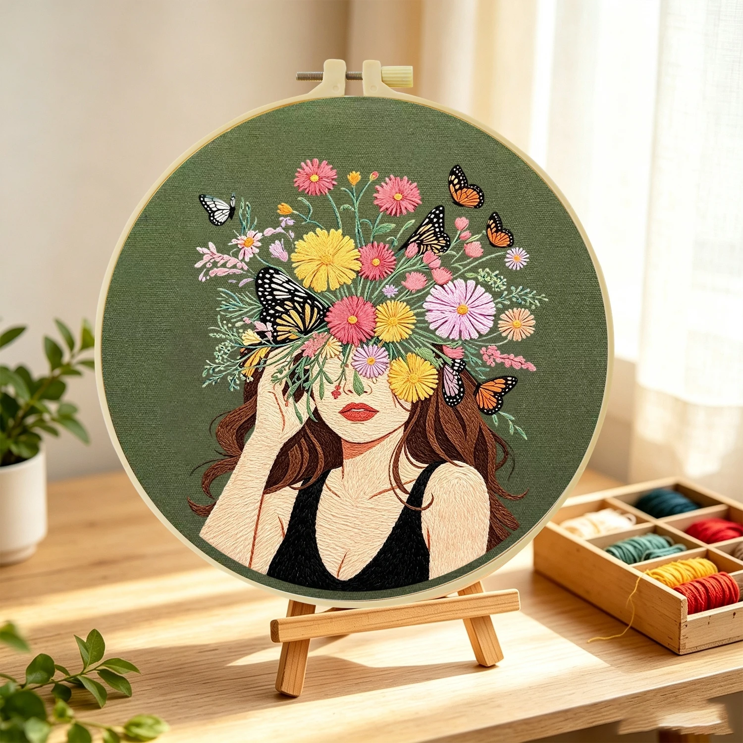 1 Set Blumen-Schmetterling-Gesicht Mädchen DIY-Stickerei-Set für Anfänger, Stickerei-Starter-Kit, Kreuzstich-Kunstgeschenk, Handarbeits-Bastelset – Detail 4