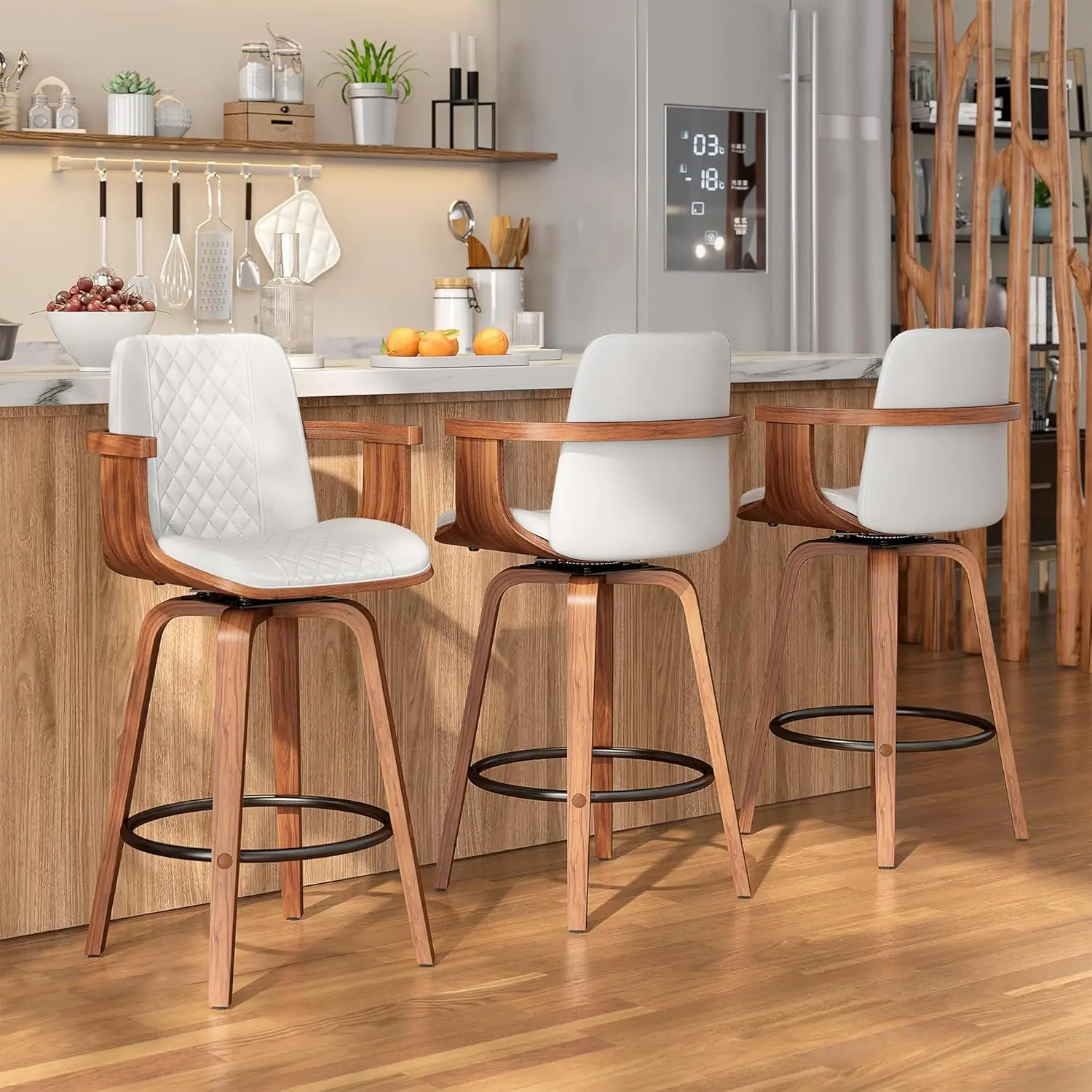 

Swivel Bar Stools Set of 3, 26 Inch Counter Height Barstools with Arms and High Back, Upholstered PU Leather Bar, Customized