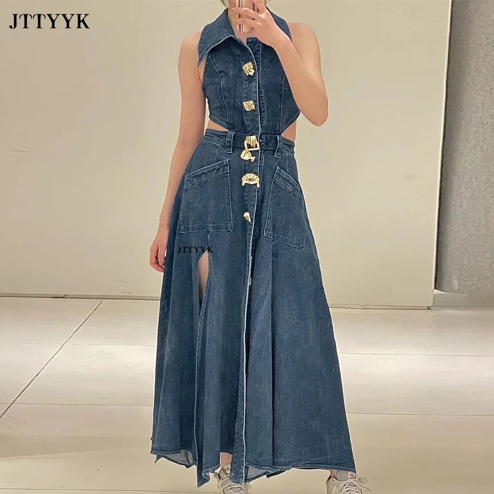 2024 Autumn Summer Ladies Denim Dress Sleeveless Pockets Single Breasted Women Shirt Floor Length Party Beach Sexy Dresses