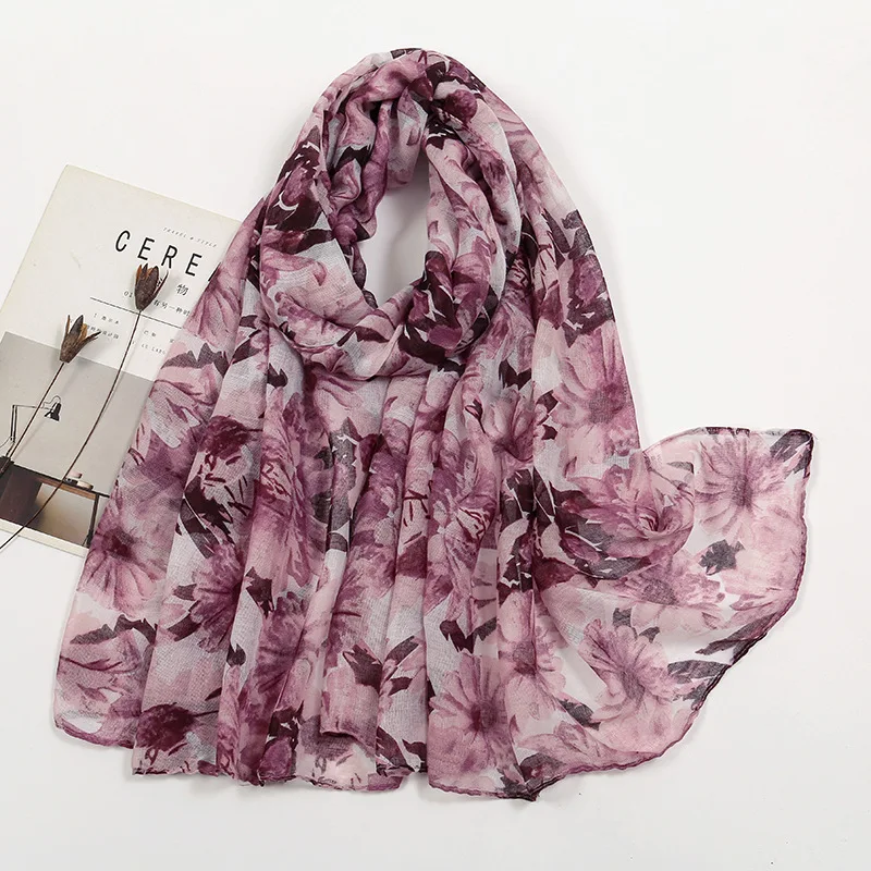 Cotton Linen Scarf for Sun Protection, Floral Print with Soft Touch Scarf, Fashionable and New