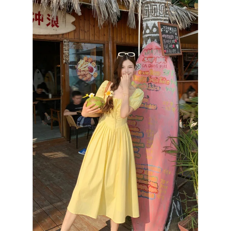 Y2k Summer Fold Yellow Dress French Puff Sleeve Dresses One Piece Slim Dress Women\'s Long Dresses Solid Casual Fashion Clothes
