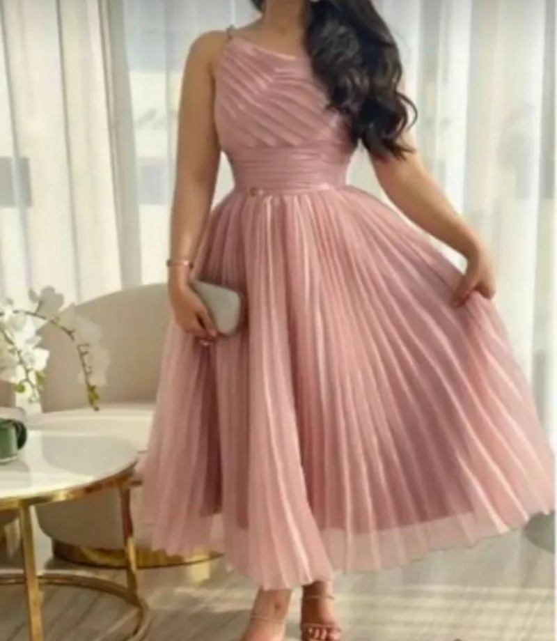 

Pink Chiffon Muslim Evening Dress 2023 Women Prom Party Gowns One Shoulder Tea Length Abendkleider Robe De Soiree