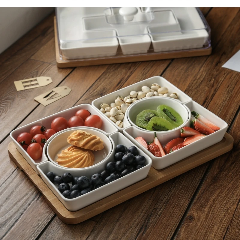 Nordic  Ceramic White Compartment Fruit Snack Tray with Dustproof Plastic Lid Simple Household Multi-frame Dried