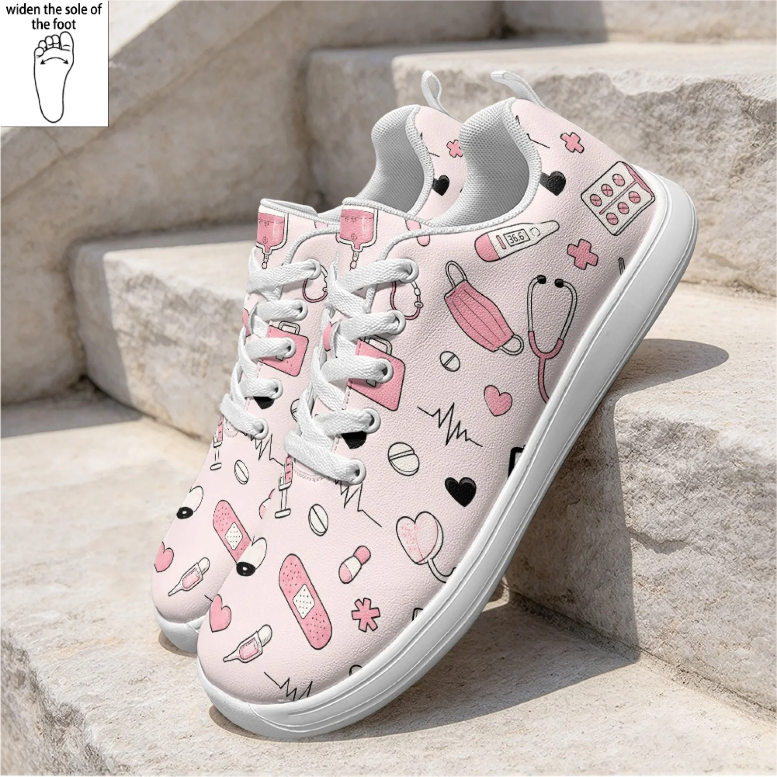 PENSTROLL Medical Nurse Pattern Lace-Up Nurse Shoes for Women Standing PU Casual Work Sneakers Everyday Walking Shoes