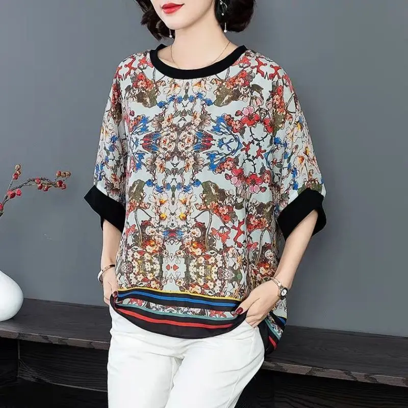 Blusa holgada de Chifón con manga de murciélago para mujer, Jersey informal con estampado Vintage que combina con todo, ropa coreana para Primavera,