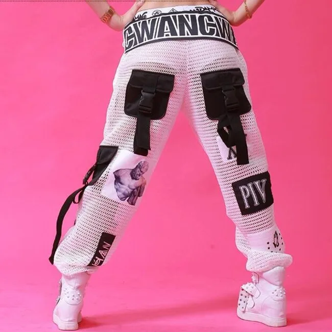 

#0103 Summer Hip Hop Pants Women Black/White Mesh Mesh See Through Pants Loose Streetwear Patchwork Big Pockets Joggers Women