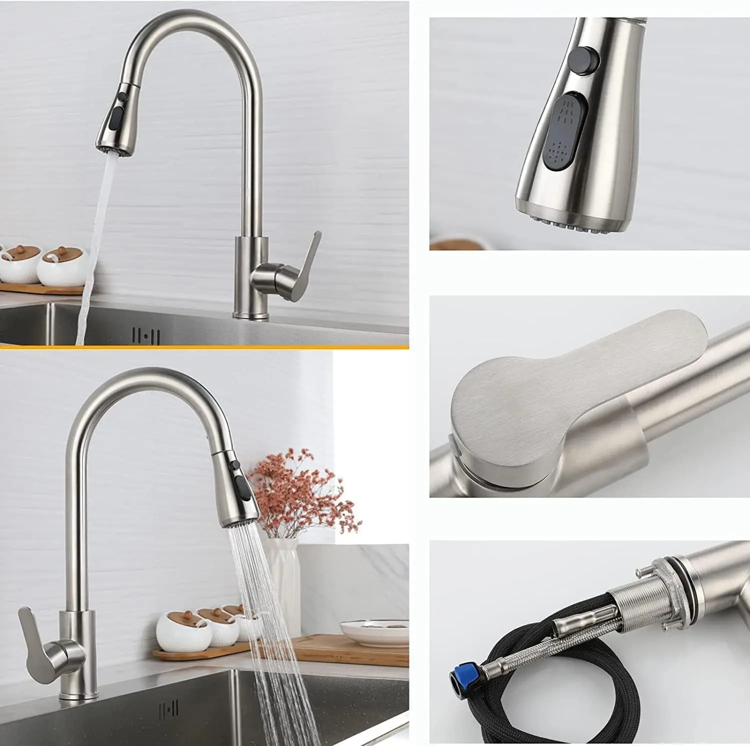 Brushed Nickel Kitchen Faucet 360 Rotation Sliver Black Hot Cold Water Tap For Kitchen 2-way Sprayer Water Tap Single Handle Tap