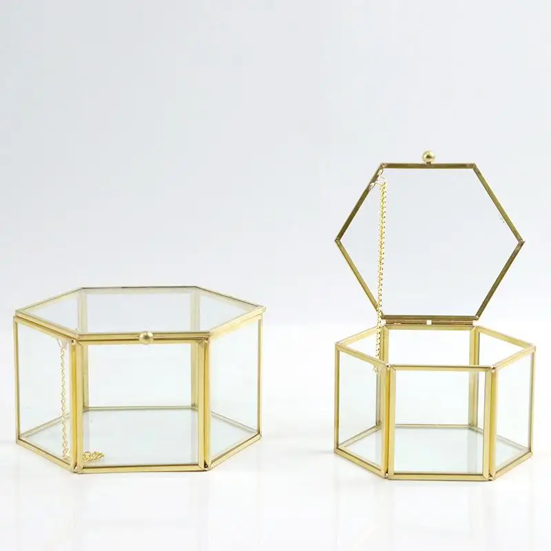 Sechseckige Ringbox Gold und Schmuckzubehörbox Goldene Glas Luxuriöse und Retro Schmuckaufbewahrungsbox – Detail 8