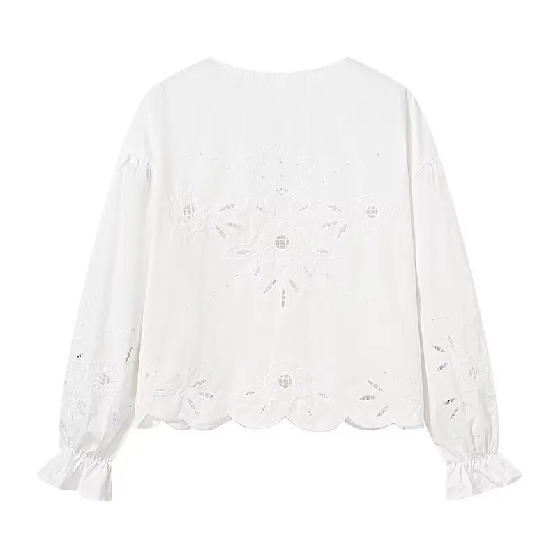 2025 Spring Women Lace Embroidered Tie Shirt Long Sleeve Blouse New Arrival