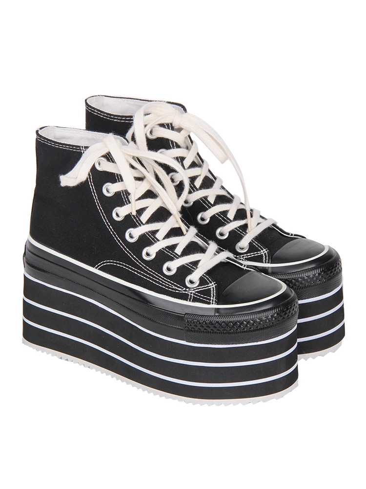 

2025 Lolita Punk Punk Shoes Round Head Ultra High Heels Thick Bottom Striped Sponge Cake Shoes Japanese Retro Girls Canvas Shoes