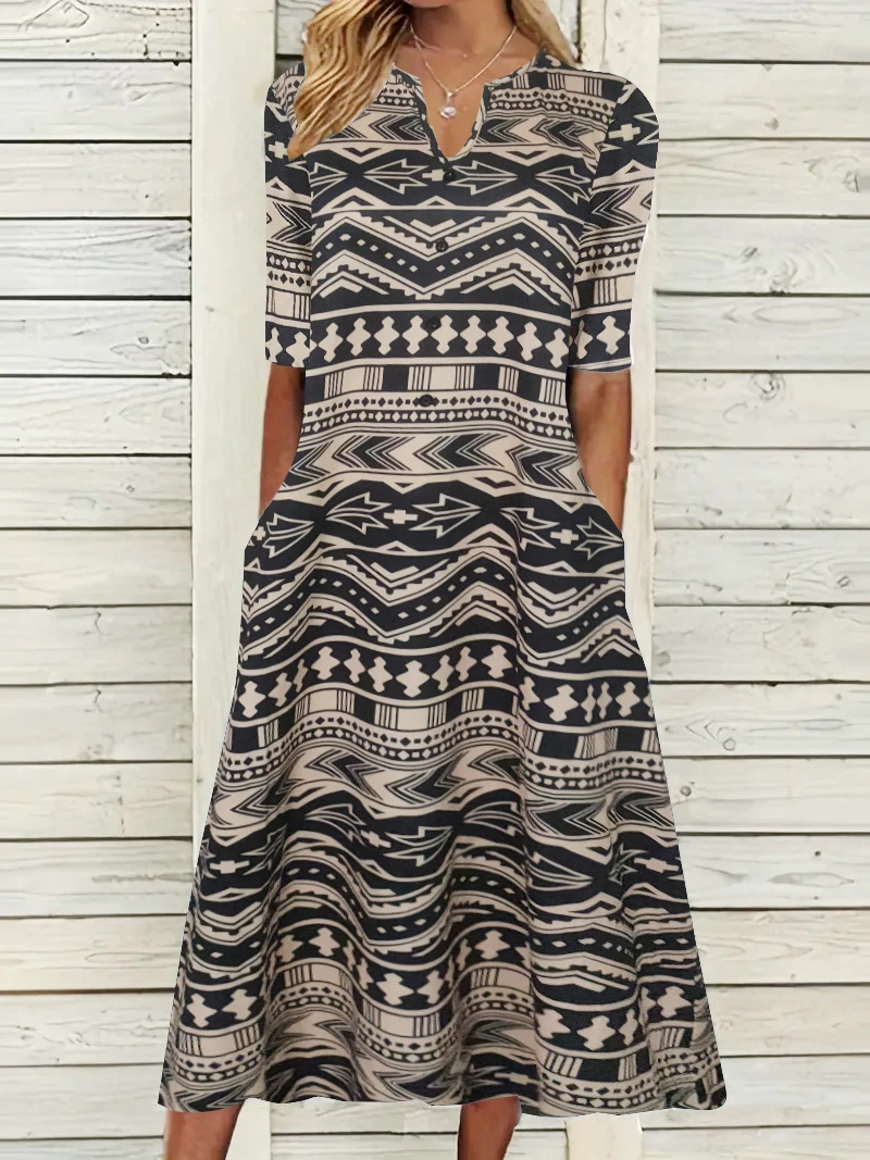 

Women's Plus Size Clothing Short Sleeves Casual Printed Dress with Pocket