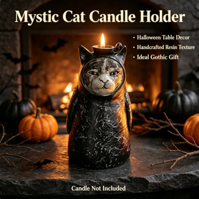Hooded Black Cat Figurine Candle Light Set of 3 Retro Crackled Resin Statue Halloween Gothic Home Decor Desktop Ornament