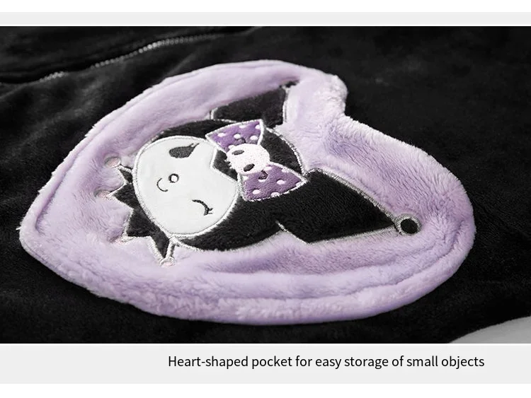 Sanrio Carino Kuromi Homewear Peluche 2 pezzi Pigiama Set Anime Ragazze Top con cappuccio Pantaloni Kawaii Inverno Coral Fleece Addensato Indumenti da notte