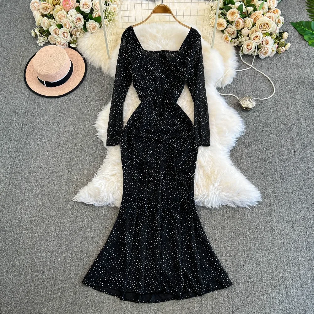 Neploe Elegant Deep V-neck Long Sleeve Sequin Dress Slim Fit Sexy Mid-length Bodycon Robe Moda Mermaid Korea High Waist Mujer